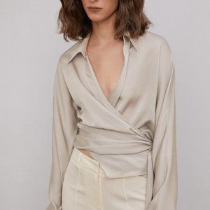 NWT Paper Moon Seoul Wrap Tie Satin Blouse, Silver Beige (OS)